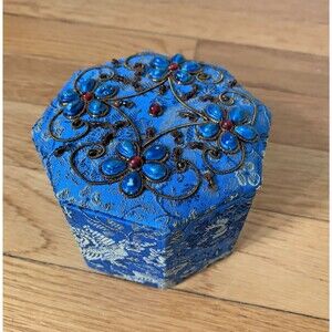 Handmade Beaded & Embroidered Blue Octagon Trinket Jewelry Box – India